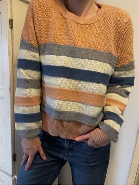 Cozy Striped Knit Sweater in Peach, Blue & Cream